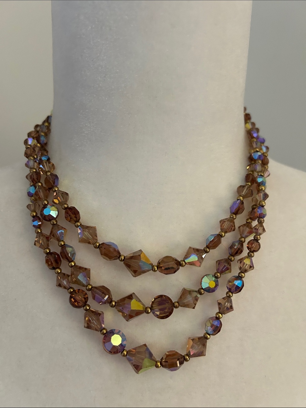 Brown Iridescent  Vintage Aurora Crystal Multi-Strand Necklace